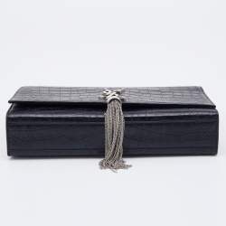 Pre Owned Saint Laurent Black Croc Embossed Leather Medium Kate Chain Crossbody Bag
