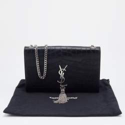 Pre Owned Saint Laurent Black Croc Embossed Leather Medium Kate Chain Crossbody Bag