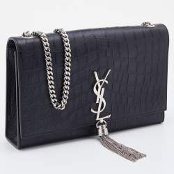 Pre Owned Saint Laurent Black Croc Embossed Leather Medium Kate Chain Crossbody Bag