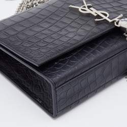 Pre Owned Saint Laurent Black Croc Embossed Leather Medium Kate Chain Crossbody Bag