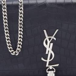 Pre Owned Saint Laurent Black Croc Embossed Leather Medium Kate Chain Crossbody Bag