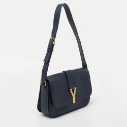 Saint Laurent Navy Blue Textured Leather Large Chyc Shoulder Bag