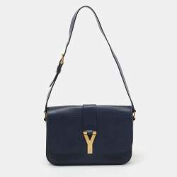 Saint Laurent Navy Blue Textured Leather Large Chyc Shoulder Bag