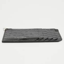 Pre Owned Saint Laurent Black Croc Embossed Leather Fragment Zip Card Holder