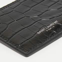 Pre Owned Saint Laurent Black Croc Embossed Leather Fragment Zip Card Holder