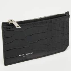 Pre Owned Saint Laurent Black Croc Embossed Leather Fragment Zip Card Holder