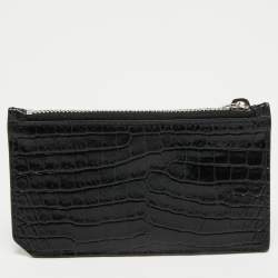 Pre Owned Saint Laurent Black Croc Embossed Leather Fragment Zip Card Holder