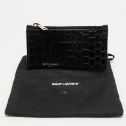 Pre Owned Saint Laurent Black Croc Embossed Leather Fragment Zip Card Holder
