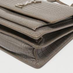 Pre Owned Saint Laurent Grey Croc Embossed Leather Medium Sunset Shoulder Bag