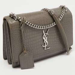 Pre Owned Saint Laurent Grey Croc Embossed Leather Medium Sunset Shoulder Bag