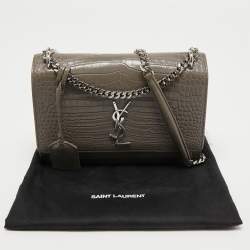 Pre Owned Saint Laurent Grey Croc Embossed Leather Medium Sunset Shoulder Bag