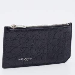 Saint Laurent Black Croc Embossed Leather Zip Card Case