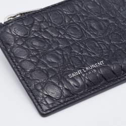 Saint Laurent Black Croc Embossed Leather Zip Card Case