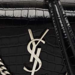 Saint Laurent Black Croc Embossed Leather Sunset Wallet On Chain