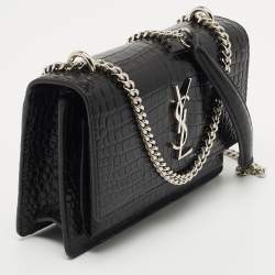 Saint Laurent Black Croc Embossed Leather Sunset Wallet On Chain