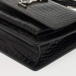 Saint Laurent Black Croc Embossed Leather Sunset Wallet On Chain