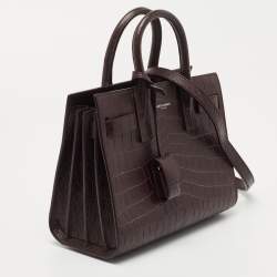 Pre Owned Saint Laurent Burgundy Croc Embossed Leather Nano Classic Sac De Jour Tote