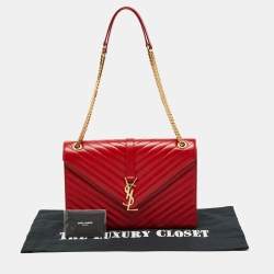 Saint Laurent Red Matelassé Leather Large Monogram Envelope Shoulder Bag