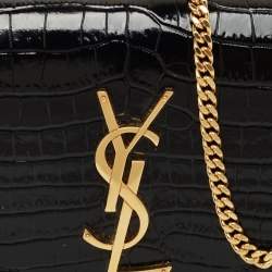 Saint Laurent Black Croc Embossed Leather Uptown Wallet on Chain
