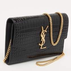 Saint Laurent Black Croc Embossed Leather Uptown Wallet on Chain