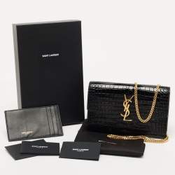 Saint Laurent Black Croc Embossed Leather Uptown Wallet on Chain