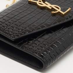 Saint Laurent Black Croc Embossed Leather Uptown Wallet on Chain