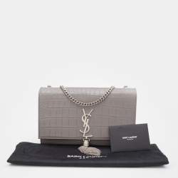Pre Owned Saint Laurent Grey Croc Embossed Leather Kate Tassel Shoulder Bag