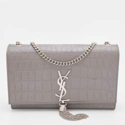 Saint Laurent Charlotte Crocodile Embossed Leather Grey Bag 486638