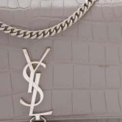 Pre Owned Saint Laurent Grey Croc Embossed Leather Kate Tassel Shoulder Bag