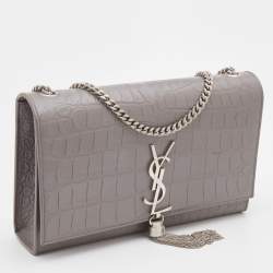 Pre Owned Saint Laurent Grey Croc Embossed Leather Kate Tassel Shoulder Bag