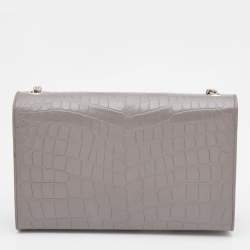 Pre Owned Saint Laurent Grey Croc Embossed Leather Kate Tassel Shoulder Bag