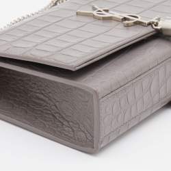 Pre Owned Saint Laurent Grey Croc Embossed Leather Kate Tassel Shoulder Bag
