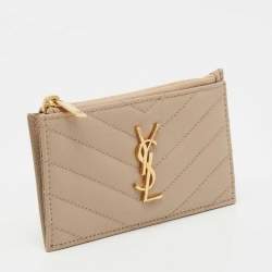 Pre Owned Saint Laurent Beige Matelasse Leather Cassandra Zip Card Case