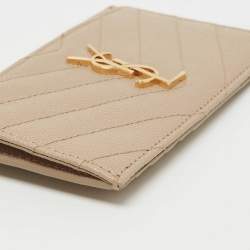 Pre Owned Saint Laurent Beige Matelasse Leather Cassandra Zip Card Case