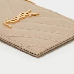 Pre Owned Saint Laurent Beige Matelasse Leather Cassandra Zip Card Case