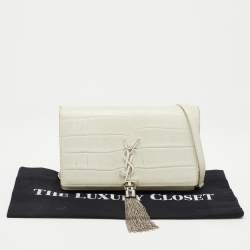 ممل وكة مسبقًا Saint Laurent White Croc Embossed Leather Kate Tassel Chain Wallet