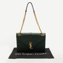 Pre Owned Saint Laurent Green Matelasse Leather Large Monogram Envelope Shoulder Bag