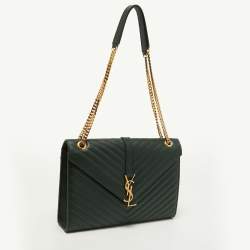 Pre Owned Saint Laurent Green Matelasse Leather Large Monogram Envelope Shoulder Bag