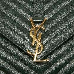 Pre Owned Saint Laurent Green Matelasse Leather Large Monogram Envelope Shoulder Bag
