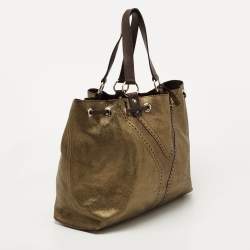 Pre Owned Yves Saint Laurent Gold/Brown Leather Reversible Double Sac Y Tote