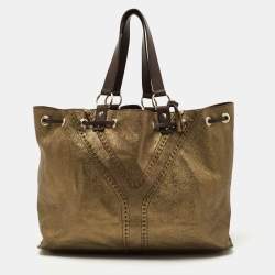 Pre Owned Yves Saint Laurent Gold/Brown Leather Reversible Double Sac Y Tote