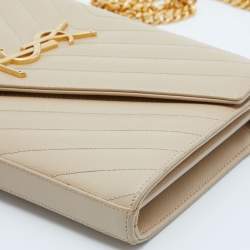 Saint Laurent Beige Matelassé Leather Cassandre Wallet on Chain