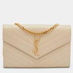 Saint Laurent Beige Matelassé Leather Cassandre Wallet on Chain