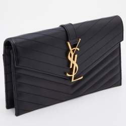 Saint Laurent Black Matelassé Leather Monogram Flap Clutch