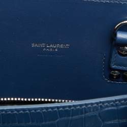 Pre Owned Saint Laurent Blue Croc Embossed Leather Baby Classic Sac De Jour Tote
