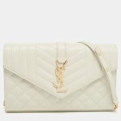 Saint Laurent White Mix Matelassé Leather Monogram Flap Chain Clutch