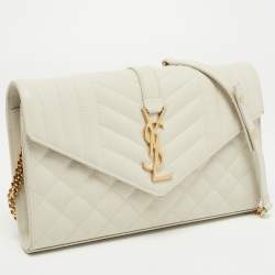 Saint Laurent White Mix Matelassé Leather Monogram Flap Chain Clutch