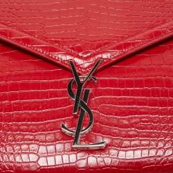 Saint Laurent Red Croc Embossed Leather Medium Cassandra Top Handle Bag