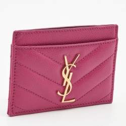 Pre Owned Saint Laurent Pink Matelassé Leather Cassandre Card Holder