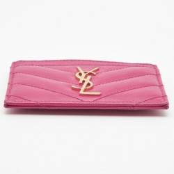 Pre Owned Saint Laurent Pink Matelassé Leather Cassandre Card Holder